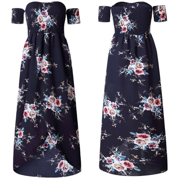 Vacation Ready Navy floral off shoulder dress - Picture 2 of 7